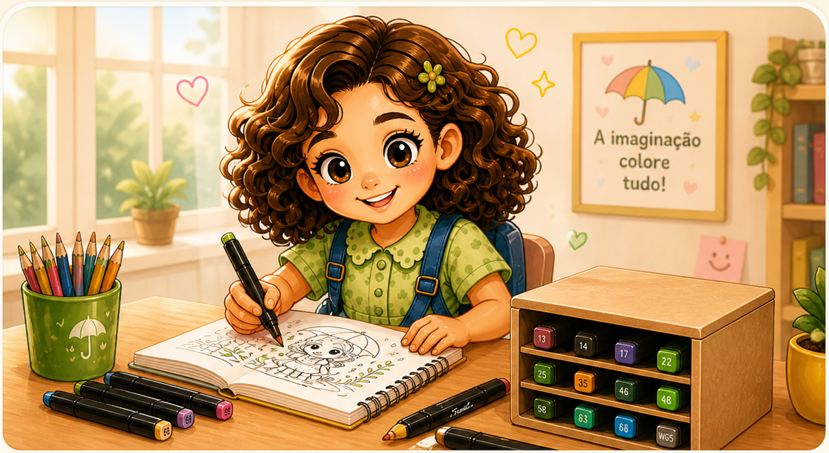 Maria Guarda-Chuva desenhando